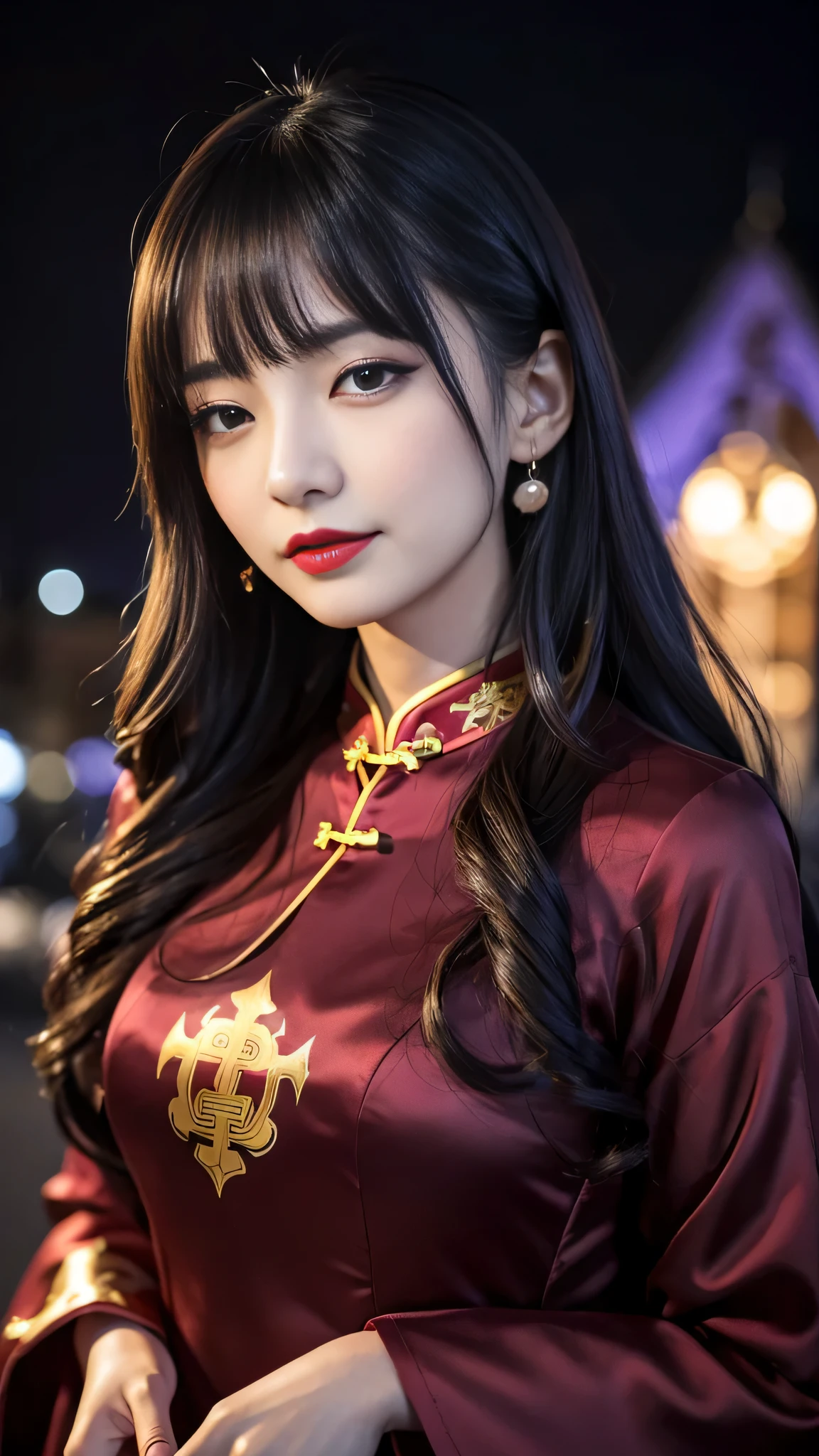 tra-detailed、２people、japanese people、attractive beauty、Captivating large people women、pretty woman、piercing eyes、cool girl、wavy hair、swept bangs、Long Black and Gold Cheongsam、wide sleeves、Evil cadres、evil depravity、brainwash、mind control、lipstick、have、lip gloss、dark makeup、smirk、Evil expression、evil、hollow eyes,half-closed eyes、empty eyes、evil、church at night、vampire、succubus、vampire、Swear allegiance、sexy pose