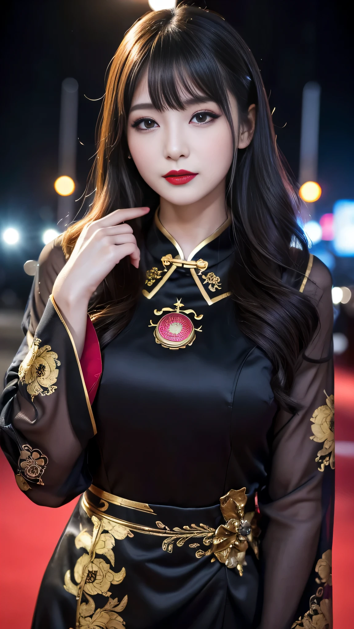 tra-detailed、２people、japanese people、attractive beauty、Captivating large people women、pretty woman、piercing eyes、cool girl、wavy hair、swept bangs、Long Black and Gold Cheongsam、wide sleeves、Evil cadres、evil depravity、brainwash、mind control、lipstick、have、lip gloss、dark makeup、smirk、Evil expression、evil、hollow eyes,half-closed eyes、empty eyes、evil、church at night、vampire、succubus、vampire、Swear allegiance、sexy pose