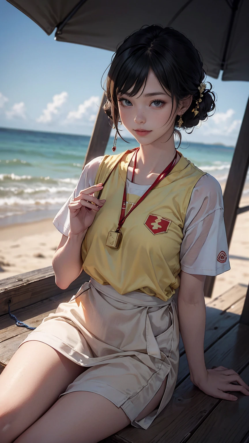 最high quality, 8K, masterpiece: 1.3, Ultra HD, high quality, 最high quality, High resolution, realism)) 、slender、slenderだがアスリート並みの細マッチョ、Lifeguard((lifeguard))is、On a California beach、Sit on the observation deck、whistle((whistle))Hang the string around your neck、I don't want my head to disappear from the screen.、aerial perspective((atmospheric perspective))、smile((smiley))、background blur((depth of field)、chest pocket