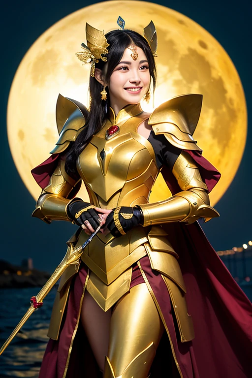 ((highest quality)), ((masterpiece)), (be familiar with), Perfect face, shoulder-length black hair、28 year old woman。Dressed in dazzling golden armor、smiling kindly。
A golden bow in his left hand、A golden arrow in his right hand。
The background is、Round full moon behind。Sea of night