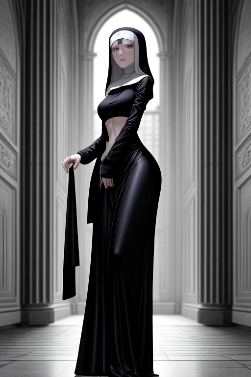 Young slim nun, standing outdoors with a full body shot taken from below, her figure clothed in habitual attire, a testament to her religious devotion. The braless nature of her black outfit was concealed beneath the voluminous garments, revealing only the slender curves of her waist and the worried expressions etched across her face. The sunlight gleamed off the shiny fabric of her habit, showcasing the intricacies of the nun's attire and the subtle contours of her body. detailed face, 