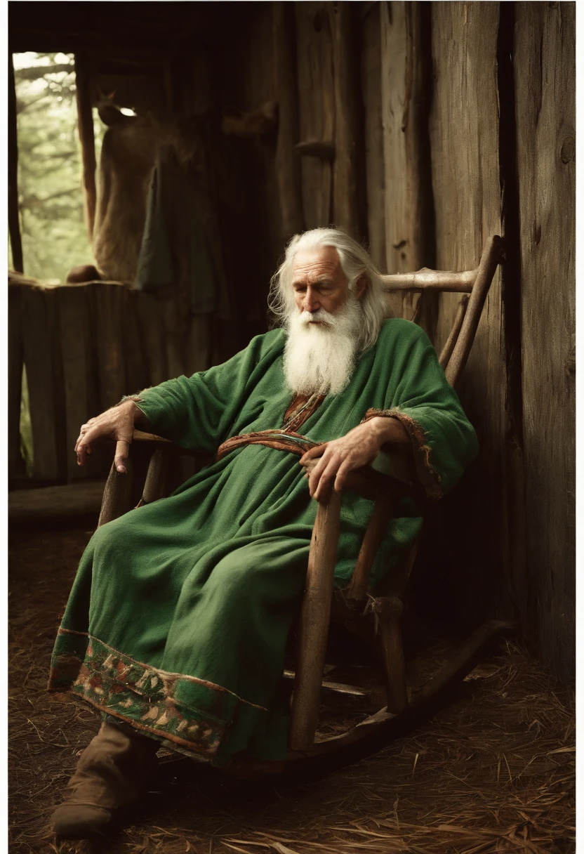 old hermit wrinkle man, with long white hair, short beard, wearing green ragged robe and clothes, sleeping, on rocking chair, with his pet donkey, in a cabin, in the forest.