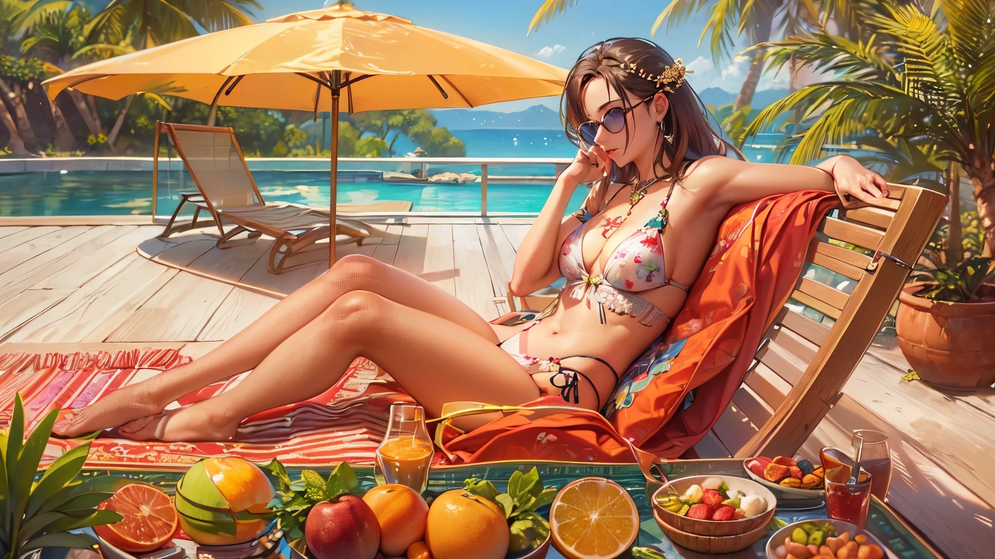 ((highest quality)),(ultra high resolution),(Super detailed),(detailed description),((best CG)),(best work of art),super precision art,amazing drawing art,(Art with precise details:1.5), Beautiful woman lying on a deck chair by the pool, Tropical fruits are placed on the saurid table.