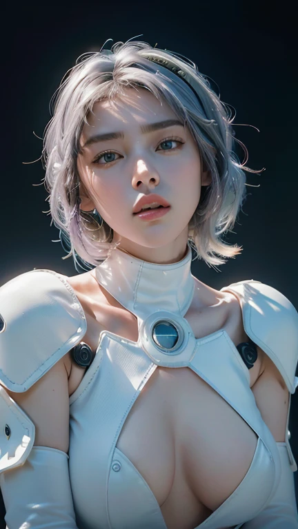 ((head to toe)), (Quality), (Masterpiece), (Super high resolution), (Realism: 1.4), Center, RAW photo, white mech, white porcelain body, acrylic transparent cover, white hair, skin shine, 1 robot japanese girl, ((super realistic details)), breast area is largely broken revealing bare skin, global illumination, cel shading Octagonal rendering, 8K, super sharp, character edge lights, original leather, intricate decorative details, Aztec details, hydraulic cylinder, small LED lights, very intricate details, true ray tracing, purple eyes, shining in front of camera, neon light details, futuristic head gear, about cyberpunk,,