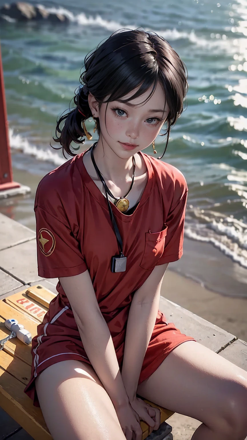 最high quality, 8K, masterpiece: 1.3, Ultra HD, high quality, 最high quality, High resolution, realism)) 、slender、slenderだがアスリート並みの細マッチョ、Lifeguard((lifeguard))is、On a California beach、Sit on the observation deck、whistle((whistle))Hang the string around your neck、I don't want my head to disappear from the screen.、aerial perspective((atmospheric perspective))、smile((smiley))、background blur((depth of field)、chest pocket