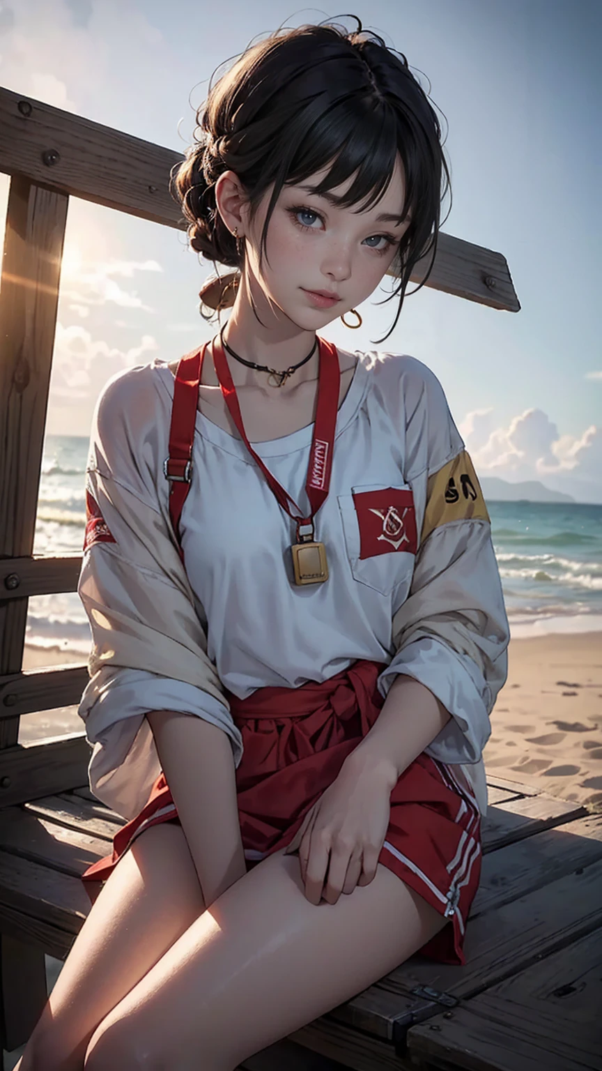 最high quality, 8K, masterpiece: 1.3, Ultra HD, high quality, 最high quality, High resolution, realism)) 、slender、slenderだがアスリート並みの細マッチョ、Lifeguard((lifeguard))is、On a California beach、Sit on the observation deck、whistle((whistle))Hang the string around your neck、I don't want my head to disappear from the screen.、aerial perspective((atmospheric perspective))、smile((smiley))、background blur((depth of field)、chest pocket