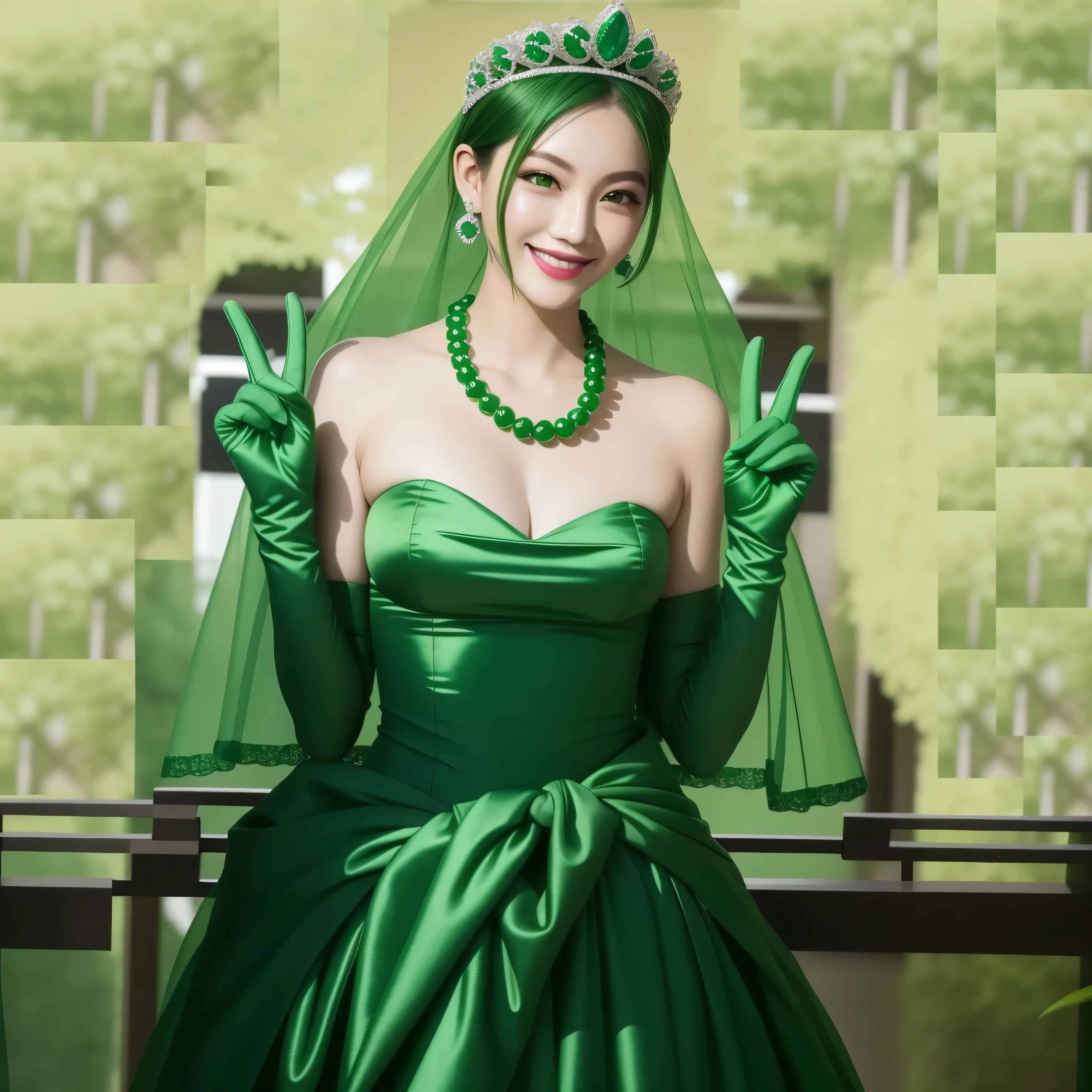 emerald tiara, green pearl necklace, boyish very short green hair, green lips, smiling Japanese woman, very short hair, Beautiful woman with big breasts, green eyes, green satin long gloves, green eyes, emerald earrings, green veil, Heart with both hands, green hair, beautiful japanese woman, V sign, green lip gloss