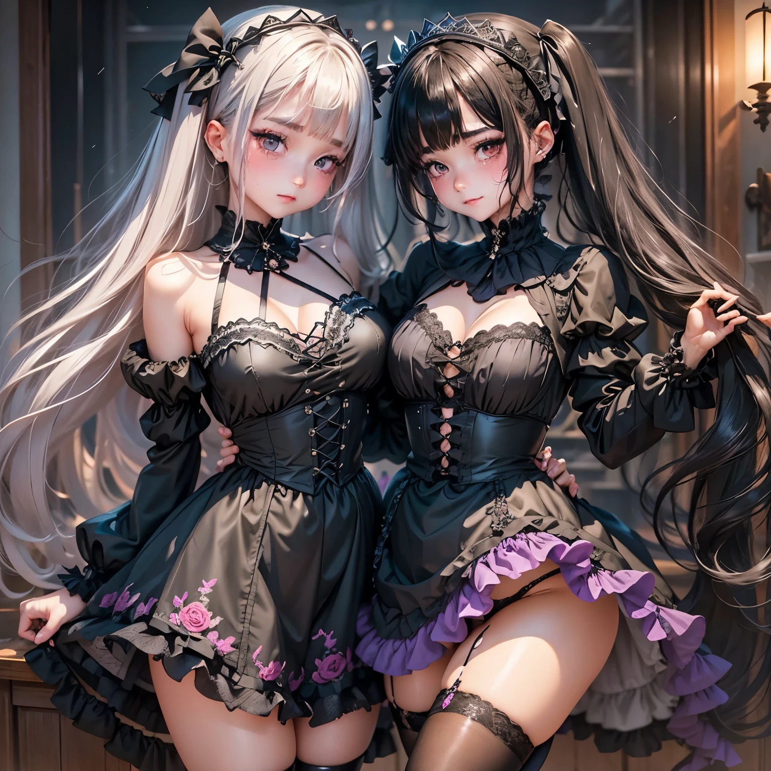 ハードdark gothicメイク、my sanity、deep night sky、horror、black dark eyeshadow、cry、grieve、Good skin glow、dark gothicメイク、dark smile、palace、fragrant beauty、22 years old、Expression of intense sexual pleasure、embarrassed look、dark gothic、lewd expression、highest quality、View 5 books、Expression of sexual pleasure in suffering、drunk face、purple maid outfit、Mysterious、Noble、A face that is holding back the toilet、super sexy、loving smile、twin tail hair、jet black ruffle skirt、right blue eye, left eye is red、Super bewitching pose、platform heel shoes、dark makeup、black lipstick、make the world beautiful、gothic lolita clothing、A little slender、silver hair、long hair straight hair、Cute Gothic Lolita Dress、beautiful face、elegant face、bewitching face、knee high socks、Stained glassが背景、My chest is glistening with sweat、the room is dark、goth long dress、bell sleeve、wizard sleeve、decadent look、sexually excited look、gothic mode、Glossy thighs wet with water、Thighs wet and shiny with oil、Background of a room full of roses、sad expression、Rose Maiden、The embroidery is pink、The costume has pink embroidery、thigh high socks、knee high socks、Her thighs shine with a lot of sweat、My body is wet and shiny、Lots of glitter on the thighs、sweating、My thighs are sticky from sweating、Sweat glistens on my thighs, The whole body is sweaty and shiny、pretty sweaty、My thighs are sweaty、my thighs are so wet、I sweat a lot and my thighs are shiny....、A large amount of sweat shines all over the body、slender body、gentle expression、masturbation behavior、deep black eyeshadow、despicable act、Stained glassと薔薇背景、wearing black underwear、black panties、thighs are a little thin、duo、female couple、i have lesbian friends、Are standing、hug a girl、upright、walk、Blue lightning flashes on his right hand、Electromagnetic waves glow、Dark Church Background、Stained glass、black metal world、Dark castle、Room of Darkness、