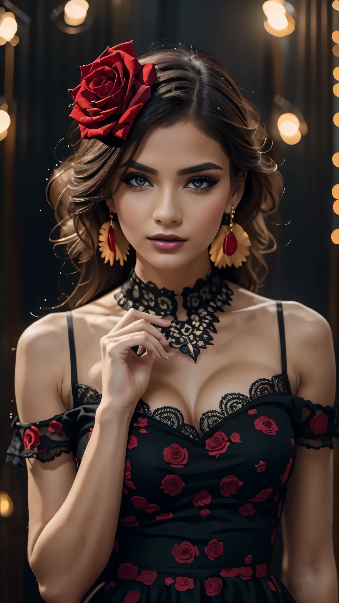 8k, RAW photo, Fujifilm, style photo of a beautiful  woman, square face, a red rose on the neck, wearing black lace dress with red, golden earrings, strong features like a spinning dove, (highly detailed skin: 1.2), medium brown hair with lights, film grain, 35mm, cute style