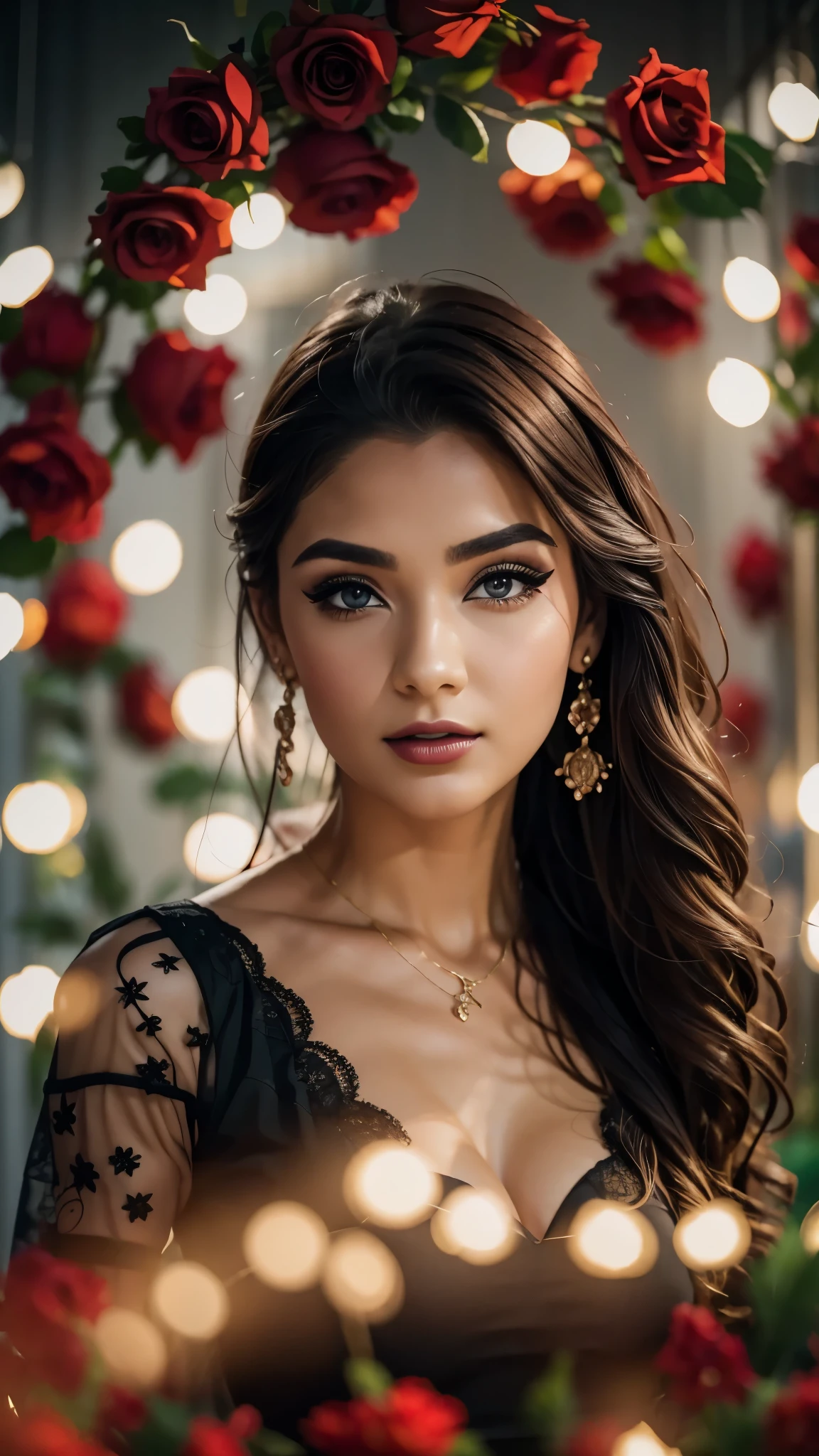 8k, RAW photo, Fujifilm, style photo of a beautiful 16 year old woman, square face, a red rose on the neck, wearing black lace dress with red, golden earrings, strong features like a spinning dove, (highly detailed skin: 1.2), medium brown hair with lights, film grain, 35mm, cute style