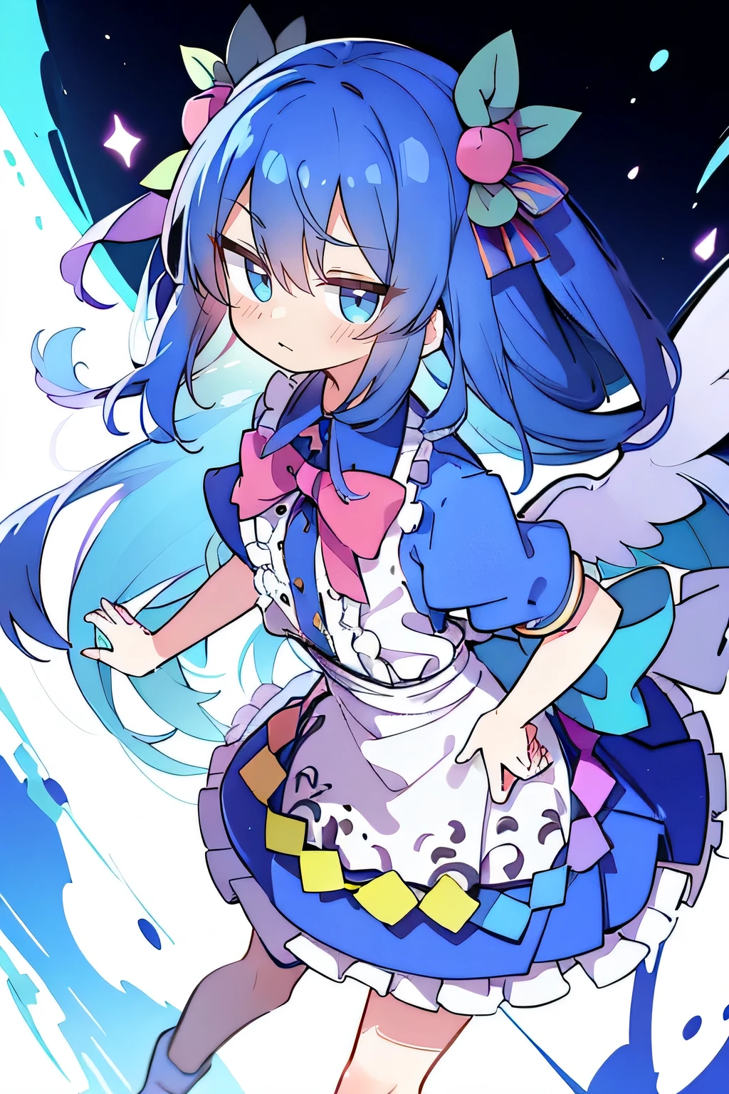 (masterpiece),best quality, expressive eyes, perfect face, 1girl,
 Put your hands on your waist,fair, Gorgeous,Japanese cartoons,girl,lola,Hina Angel, blue hair, blue haired, floating clothes,Grab your waist, Grab your waist, hands on hips , hands on hips,sit, sit on ground, Legs on the ground, flat chest