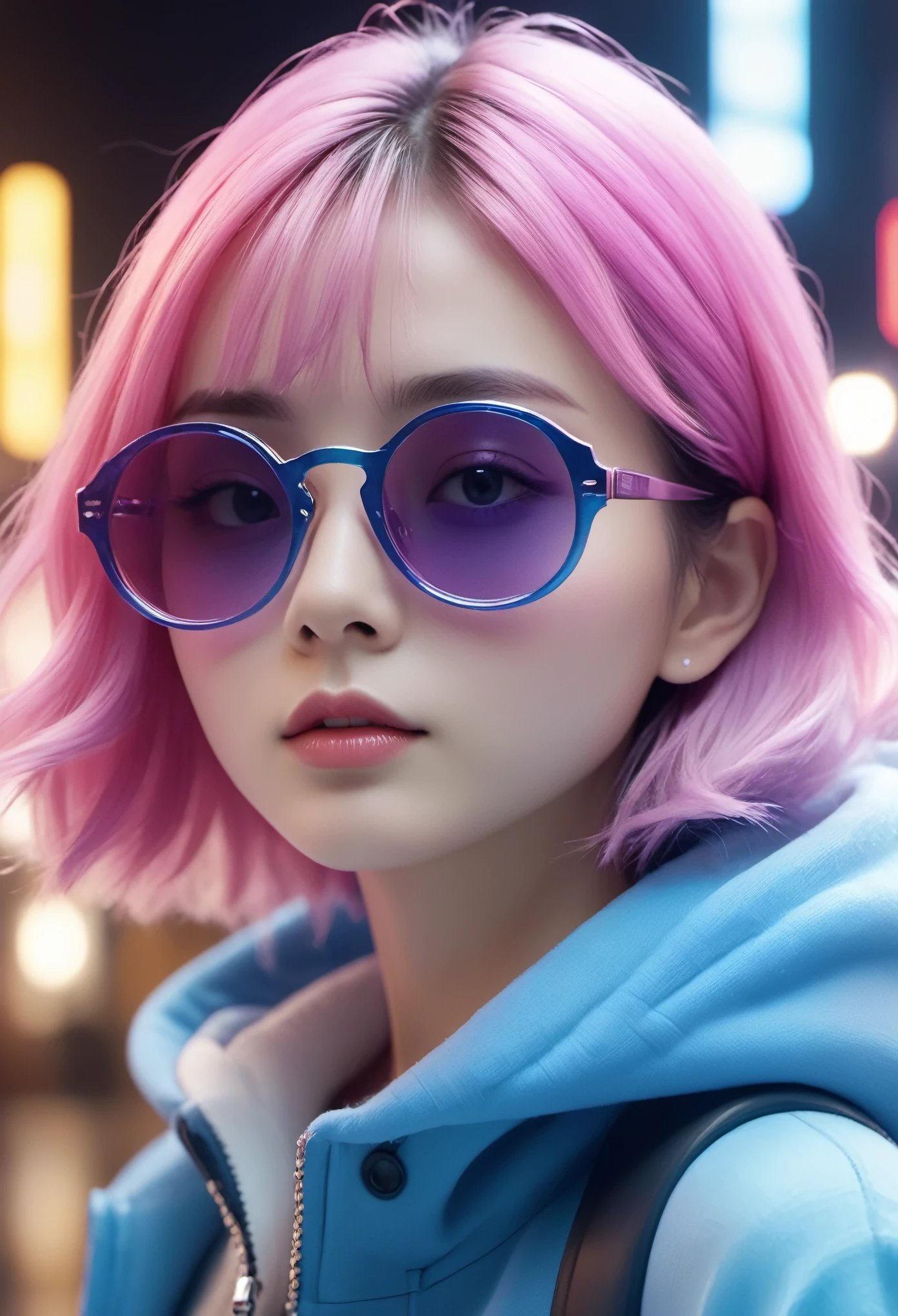 In a strange and lovely cafe, Furry kitten, crafted from Very detailed curling, Thin glowing colored smoke, Wear a rose hoodie，戴上Fashion、interesting、Giant shiny sunglasses. Against a backdrop of energetic neon format spelling VIKUSIA, Fainoho Today, Capture its magic in a digital art masterpiece. Incorporate volumetric 3D renderinging, octane rendering, and energetic graffiti elements to create a fantasy illustration that showcases its Fashion-forward style. Make it pop with a poster-worthy 3D rendering that embraces the essence of this captivating character ((Stunning and alluring views)). 3d, Very detailed, sharp focus, 8K, super quality, ultra high definition, crystal clear, Bokeh. Black magic Pocket Cinema Camera 6K Pro 配备 Sigma 18-35mm f/1.8 DC HSM Art Lenses for Canon EOS 5D Mark IV Camera，With Canon EF 24-70mm f/2.8L II USM lens--ar 9:16 -- 5 o&#39;clock.2 --750, architecture, energetic, wildlife photography, portrait photography, Fashion, cinematic, format, 3D rendering, poster, photo