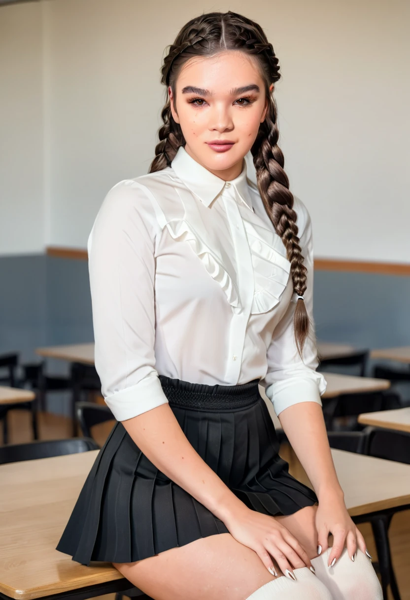 Hailee Steinfeld, (HaileeSteinfeld), (wearing extremely short pleated skirt, tight white shirt, thigh socks, platform high-heels), slender, athletic woman (in full height:1.25), Beautiful Woman, players perspective, f/2.8, 50mm, Leica, Braids, (Masterpiece, Top Quality, High Resolution:1.4), 30 years old, medium breasts, angel, firm abs, flawless beauty, perfect fit body, skin pore texture, braids, HD 4K, 8K, photo, cinematic, full body, realistic, (8K, RAW photo, Top Quality, Masterpiece:1.2), (realistic, photo-realistic:1.33), best quality, detailed eyes, cute, natural light, depth of field, film grain, wrinkled skin, sharp, detailed and realistic woman, staring at camera, ruffled lips, flirtatious smile, (full body photo:1.3), dynamic scene, action packed, AnalogRedmAF BREAK classroom full of beautiful female high school seniors, (full body), braids, sitting on table, soft natural light, portrait photography, magic photography, dramatic lighting, photorealism, super detailed, intimate portrait composition, elegant white blouse and high-waisted trousers.