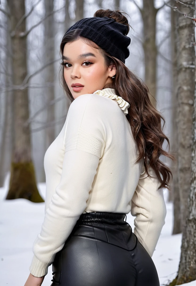 Hailee Steinfeld (HaileeSteinfeld), from behind, buttlift, gorgeous woman, long wavy hair, wearing a tight wool turtleneck sweater, a bonnet on the head, tight leather leggings, classic mini Ugg boots, 30 years old, she is a playboy magazine model, sexy poses in snowy forest, ruffled lips, perfect fit body, wide hips, small waists, thick thighs, firm abs, beautiful body, extremely detailed, masterpiece, intricate details, highly detailed, sharp focus, detailed skin, realistic skin texture, texture, detailed eyes, high resolution, kodak vision color, foto_\(ultra\), post-processing, maximum detail, roughness, real life, ultra realistic, photorealism, photography, absurdres, RAW photo, highest quality, high detail RAW color photo, professional photo, extremely detailed UHD 8k wallpaper unit, best quality, highres, (masterpiece, top quality, high resolution:1.4), photo, cinematic, film grain, sharp, soft natural light, magic photography, super detailed