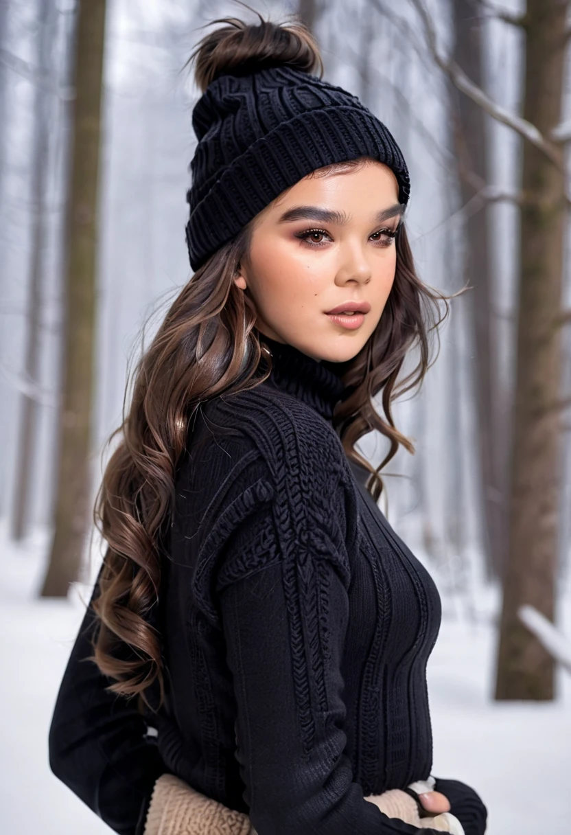 Hailee Steinfeld (HaileeSteinfeld), from behind, buttlift, gorgeous woman, long wavy hair, wearing a tight wool turtleneck sweater, a bonnet on the head, tight leather leggings, classic mini Ugg boots, 30 years old, she is a playboy magazine model, sexy poses in snowy forest, ruffled lips, perfect fit body, wide hips, small waists, thick thighs, firm abs, beautiful body, extremely detailed, masterpiece, intricate details, highly detailed, sharp focus, detailed skin, realistic skin texture, texture, detailed eyes, high resolution, kodak vision color, foto_\(ultra\), post-processing, maximum detail, roughness, real life, ultra realistic, photorealism, photography, absurdres, RAW photo, highest quality, high detail RAW color photo, professional photo, extremely detailed UHD 8k wallpaper unit, best quality, highres, (masterpiece, top quality, high resolution:1.4), photo, cinematic, film grain, sharp, soft natural light, magic photography, super detailed