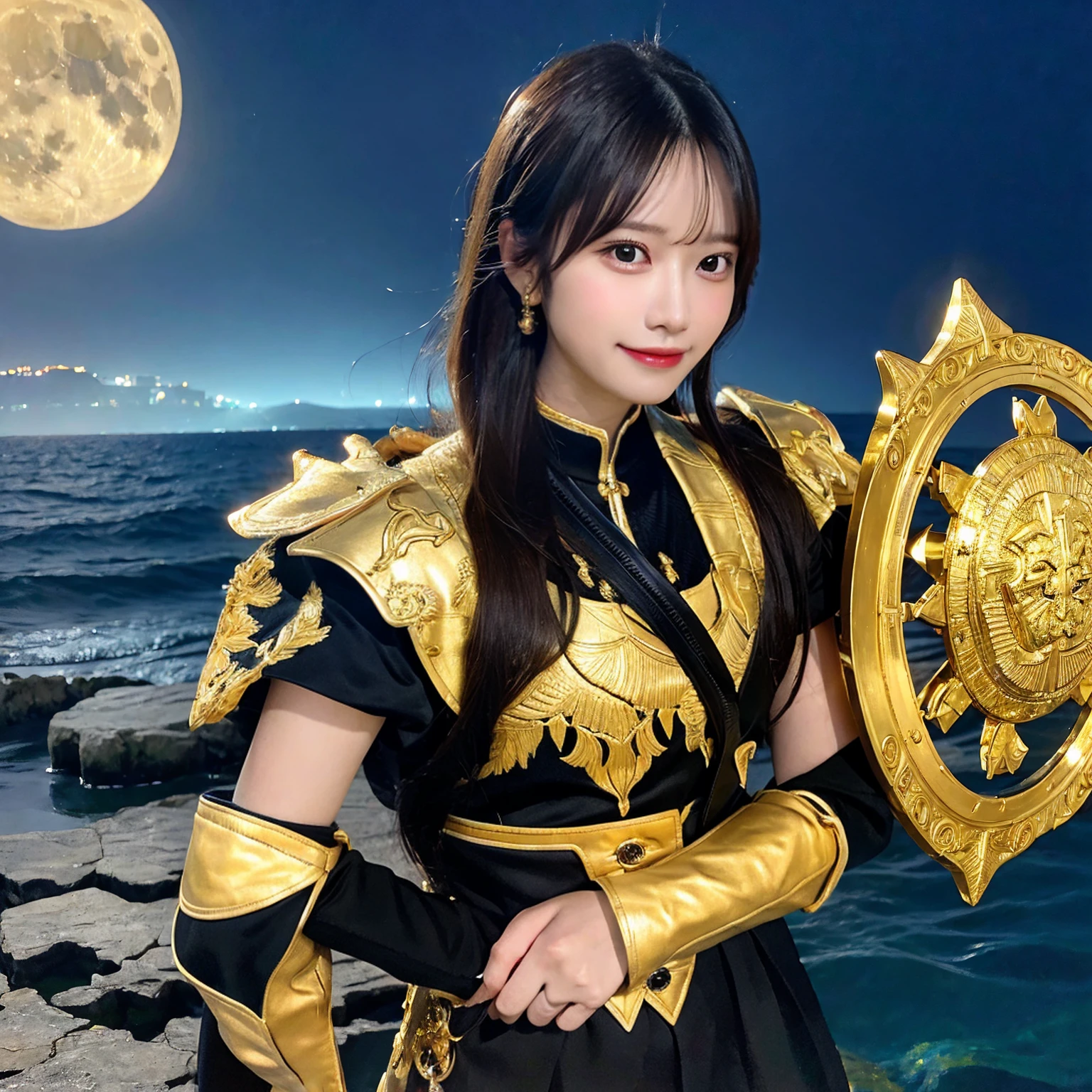 ((highest quality)), ((masterpiece)), (be familiar with), Perfect face, shoulder-length black hair、28 year old woman。Dressed in dazzling golden armor、smiling kindly。
In his left hand he holds a golden shield、A golden sword in his right hand。
The background is、Round full moon behind。Sea of night