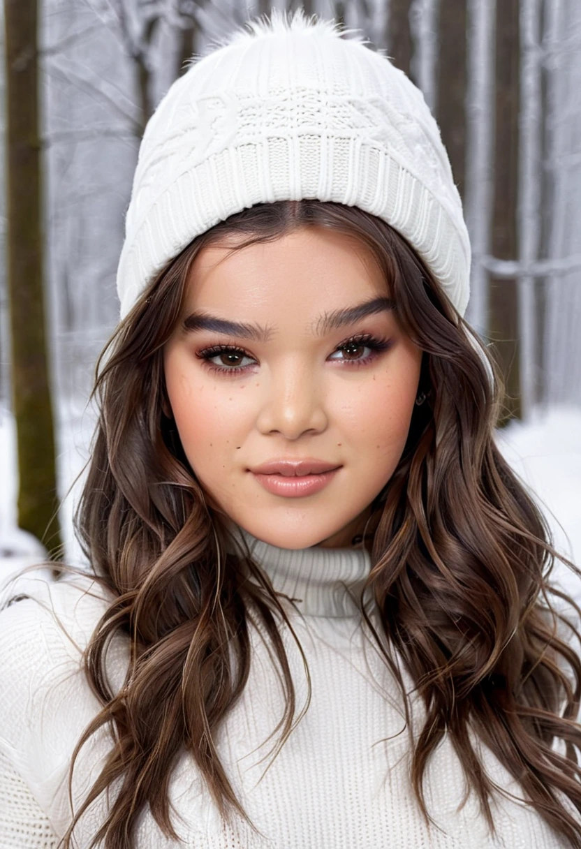 Hailee Steinfeld (HaileeSteinfeld), gorgeous woman, long wavy hair, wearing a tight wool turtleneck sweater, a bonnet on the head, tight leather leggings, Ugg boots, 30 years old, she is a playboy magazine model, sexy poses in snowy forest, ruffled lips, flirtatious smile, happiness, perfect fit body, extremely detailed, masterpiece, intricate details, highly detailed, sharp focus, detailed skin, realistic skin texture, texture, detailed eyes, high resolution, kodak vision color, foto_\(ultra\), post-processing, maximum detail, roughness, real life, ultra realistic, photorealism, photography, absurdres, RAW photo, highest quality, high detail RAW color photo, professional photo, extremely detailed UHD 8k wallpaper unit, best quality, highres, (masterpiece, top quality, high resolution:1.4), photo, cinematic, film grain, sharp, soft natural light, magic photography, super detailed