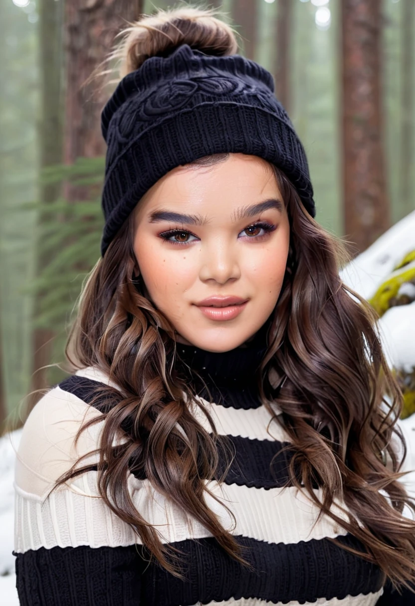 Hailee Steinfeld (HaileeSteinfeld), gorgeous woman, long wavy hair, wearing a tight wool turtleneck sweater, a bonnet on the head, tight leather leggings, Ugg boots, 30 years old, she is a playboy magazine model, sexy poses in snowy forest, ruffled lips, flirtatious smile, happiness, perfect fit body, extremely detailed, masterpiece, intricate details, highly detailed, sharp focus, detailed skin, realistic skin texture, texture, detailed eyes, high resolution, kodak vision color, foto_\(ultra\), post-processing, maximum detail, roughness, real life, ultra realistic, photorealism, photography, absurdres, RAW photo, highest quality, high detail RAW color photo, professional photo, extremely detailed UHD 8k wallpaper unit, best quality, highres, (masterpiece, top quality, high resolution:1.4), photo, cinematic, film grain, sharp, soft natural light, magic photography, super detailed