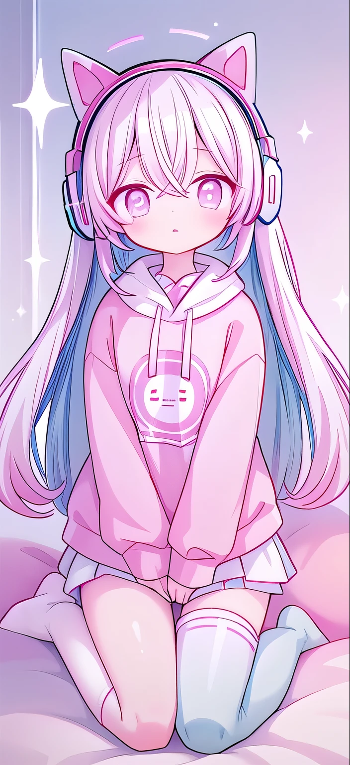 ，White knee socks，Long light blue hair，Pink and white sweatshirt，pink eyes，Blue headphones