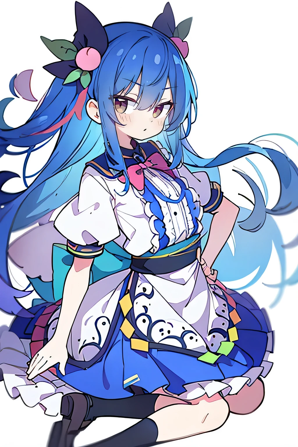 (masterpiece),best quality, expressive eyes, perfect face, 1girl,
 Put your hands on your waist,fair, Gorgeous,Japanese cartoons,girl,lola,Hina Angel, blue hair, blue haired, floating clothes,Grab your waist, Grab your waist, hands on hips , hands on hips,sit, sit on ground, Legs on the ground, flat chest