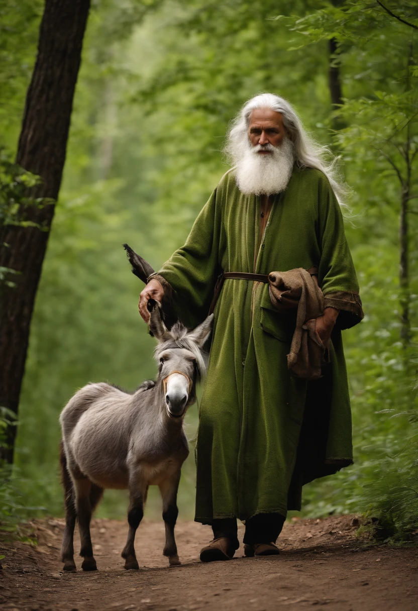 old hermit wrinkle man, friendly, with long white hair, short beard, wearing green ragged robe and clothes, with his pet gray donkey, in the forest.