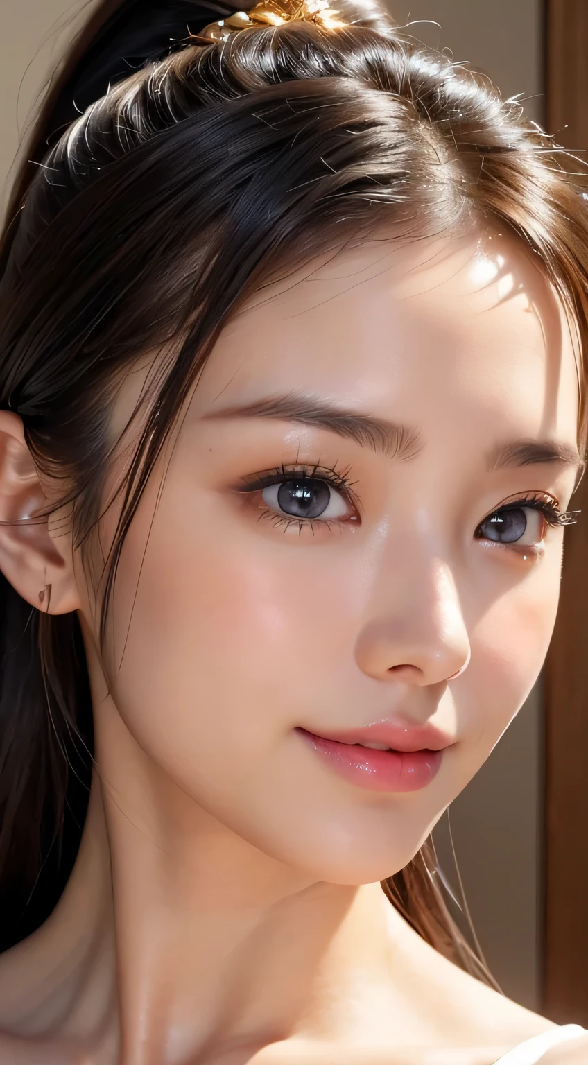 Beautiful woman、body portrait、32k、fine and beautiful eyes、Dindal effect、masterpiece、最high quality、high quality、High resolution、Very detailed photos、(natural skin texture、fine skin、hyper realism、Super Sharpness)、high detail skin 、(very fine、fine skin texture、intricate details、beautiful face、japanese idol、(lifelike face)、realistic eyes、beautiful and detailed eyes、Training at the fitness gym、ponytail、realistic skin、beautiful skin、big breasts、G cup、big breasts、glamorous、Glossy skin、Greasy muscles 、daytime、surreal、very detailed、golden ratio、smiling eyes、Body Portrait