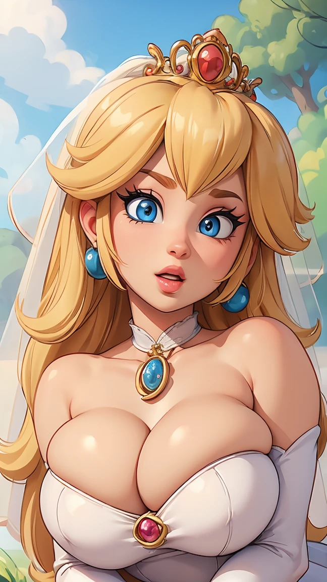 ((masterpiece)), ((best quality)), (detailed), perfect, solo, peach, gorgeous woman with wedding dress, bridal veil on the head, luscious lips, long hair, huge breast, deep cleavage, huge breasts, sexy, 