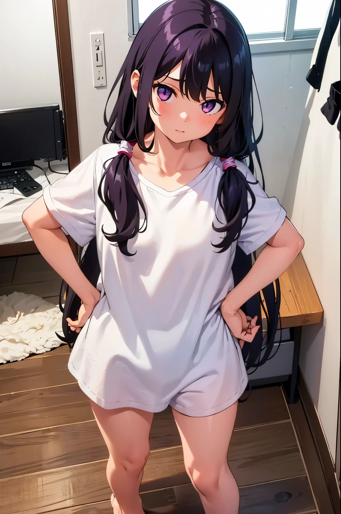 girl&#39;s room　 girl　8-year-old　flat chelack r　long hair　eyes are purple　（（1 person））　Baggy white T-shirt on the upper body　lower body white panties（（White panties are visible））　barefoot　standing backwards　Adjusting white panties　dynamic angle　Low angle from the front