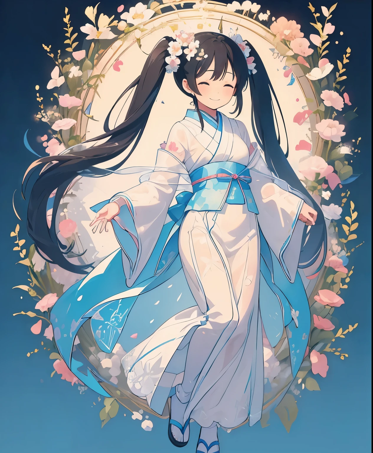 (masterpiece、highest quality、highest quality、official art、beautiful beautiful:1.2)、(1人のgirl:1.3)Hatsune Miku、twin tails,big breasts,(masterpiece:1.1), (highest quality:1.2), (Very detailed 1.2), (Maiden of Heaven:1.3), (See-through ribbon:1.0), (See-through shawl:1.0), (girl), (alone), full body, Ahoge, closed my eyes, prayer, (ピンクのtwin tails:1.3), (deformed:1.3), (chibi character:1.3), Japanese style, (flower background:1.2), archaic smile,