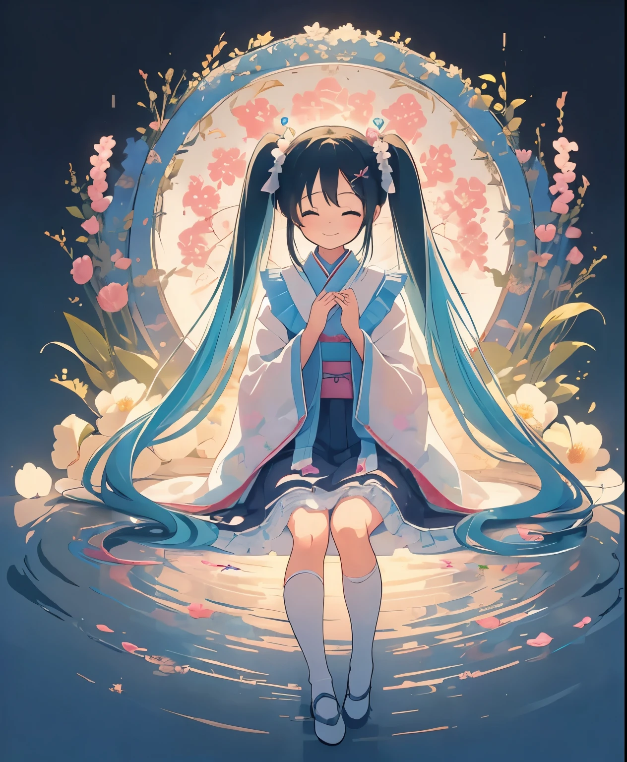(masterpiece、highest quality、highest quality、official art、beautiful beautiful:1.2)、(1人のgirl:1.3)Hatsune Miku、twin tails,big breasts,(masterpiece:1.1), (highest quality:1.2), (Very detailed 1.2), (Maiden of Heaven:1.3), (See-through ribbon:1.0), (See-through shawl:1.0), (girl), (alone), full body, Ahoge, closed my eyes, prayer, (ピンクのtwin tails:1.3), (deformed:1.3), (chibi character:1.3), Japanese style, (flower background:1.2), archaic smile,