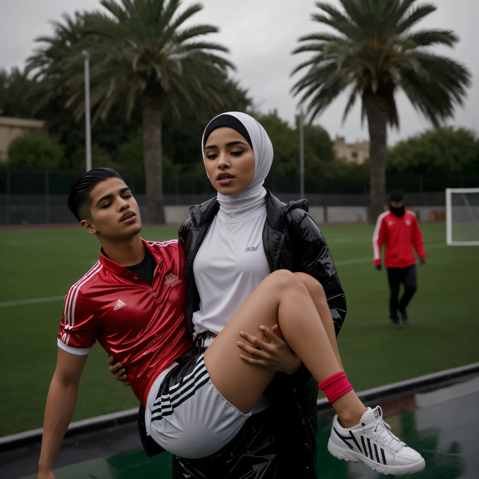 a desparated arab muslim hijabi-girl is standing in a laquered and very shiny quilted coat and carries a man in matte sportswear in her arms, a shouting arab muslim-woman carries a man in dull sportswear, a woman carries in her arms a male soccer player in cotton sportswear, rainy weather, rainfall, humid, girl carries guy, lift and carry, an excessively madeup arab veiled girl in a high-shine wet black latex downcoat, a soccer scene, a soccer injury, first aid carry at a soccer match, a young madeup latino-girl in a shiny black vinyl downjacket, a madeup arab girl in a shiny plastic-downcoat, a very sad and desperately crying latino-girl, an intensely madeup latino-girl in a glossy black vinyl-downcoat, latino-girl with lipstick, muslima-girl with smoky eyes, dramatic action pose, woman that is carrying a skinny shorthaired man, there is a beautiful woman in a shiny coat who is carrying a shorthaired blond man in her arms, a longhaired beautiful woman in a high-shine black puffy coat, a longhaired woman in a shiny downcoat, a woman is carrying a shorthaired man who is wearing black shorts, a weak shorthaired man in black shorts is consciousless and needs to be carried, a shorthaired man with closed eyes is carried in the arms of a longhaired latino-woman, a latino-woman looks very scared and terrified, a consciousless shorthaired man with closed eyes is suffering very much and has a very painful face, photo, photo shoot, photographed, arafed man being carried by a woman, very realistic, very very realistic, hyper-realistic, hyper - realistic, hyper realistic, jacket over bare torso, very disturbing, very hyperrealistic, super realistic, hyperrealistic!, extremely realistic, very very very realistic, super-realistic realistic, super-realistictic!, extremely realistic, very very very realistic, super-realistic realistic, super-realistic, veiled arab woman's face, a completely matte and very dull cotton fabric soccer jersey on a male shaped torso