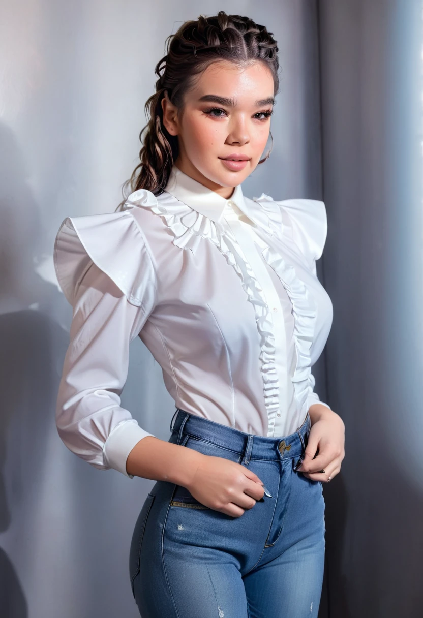 Hailee Steinfeld, (HaileeSteinfeld), Beautiful Woman, player's perspective, Lens Flare, f/2.8, 50mm, Leica, Braids, (Masterpiece, Top Quality, High Resolution:1.4), 1 girl, 30 years old, large breasts, angel, abs, skin pore texture, HD 4K, 8K, photo, cinematic, (full body photo:1.1), medium shot, realistic, (8K, RAW photo, Top Quality, Masterpiece:1.2), (realistic, photo-realistic:1.33), best quality, detailed eyes, cute, natural light, depth of field, film grain, wrinkled skin, sharp, detailed and realistic woman, staring at camera, ruffled lips, sexy smile, perfect teeth, soft natural light, photography, magic photography, dramatic lighting, photorealism, super detailed, elegant white blouse and tight WR.UP jeans with platform stiletto heels.