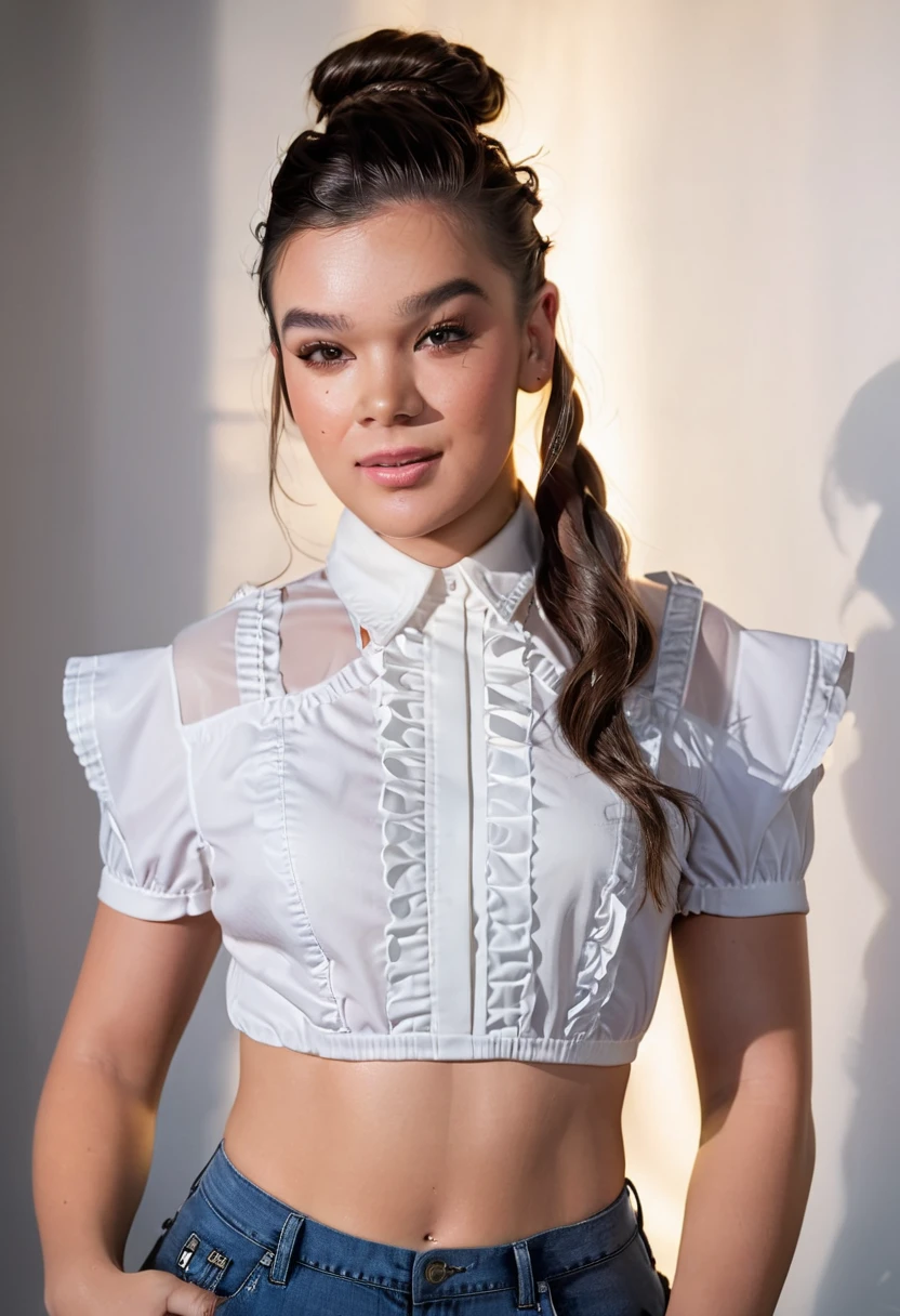 Hailee Steinfeld, (HaileeSteinfeld), Beautiful Woman, player's perspective, Lens Flare, f/2.8, 50mm, Leica, Braids, (Masterpiece, Top Quality, High Resolution:1.4), 1 girl, 30 years old, large breasts, angel, abs, skin pore texture, HD 4K, 8K, photo, cinematic, (full body photo:1.1), medium shot, realistic, (8K, RAW photo, Top Quality, Masterpiece:1.2), (realistic, photo-realistic:1.33), best quality, detailed eyes, cute, natural light, depth of field, film grain, wrinkled skin, sharp, detailed and realistic woman, staring at camera, ruffled lips, sexy smile, perfect teeth, soft natural light, photography, magic photography, dramatic lighting, photorealism, super detailed, elegant white blouse and tight WR.UP jeans with platform stiletto heels.