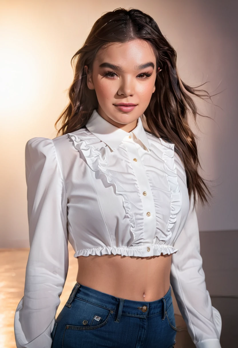 Hailee Steinfeld, (HaileeSteinfeld), Beautiful Woman, player's perspective, Lens Flare, f/2.8, 50mm, Leica, Braids, (Masterpiece, Top Quality, High Resolution:1.4), 1 girl, 30 years old, large breasts, angel, abs, skin pore texture, HD 4K, 8K, photo, cinematic, (full body photo:1.1), medium shot, realistic, (8K, RAW photo, Top Quality, Masterpiece:1.2), (realistic, photo-realistic:1.33), best quality, detailed eyes, cute, natural light, depth of field, film grain, wrinkled skin, sharp, detailed and realistic woman, staring at camera, ruffled lips, sexy smile, perfect teeth, soft natural light, photography, magic photography, dramatic lighting, photorealism, super detailed, elegant white blouse and tight WR.UP jeans with platform stiletto heels.