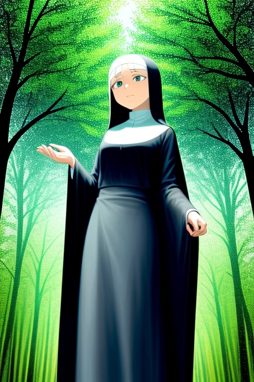 old slim nun, standing outdoors, full body shot, captured from below, fully clothed, her serene expression radiated peace and tranquility, the surrounding greenery and sunlight framed her in a divine aura. Black clothes