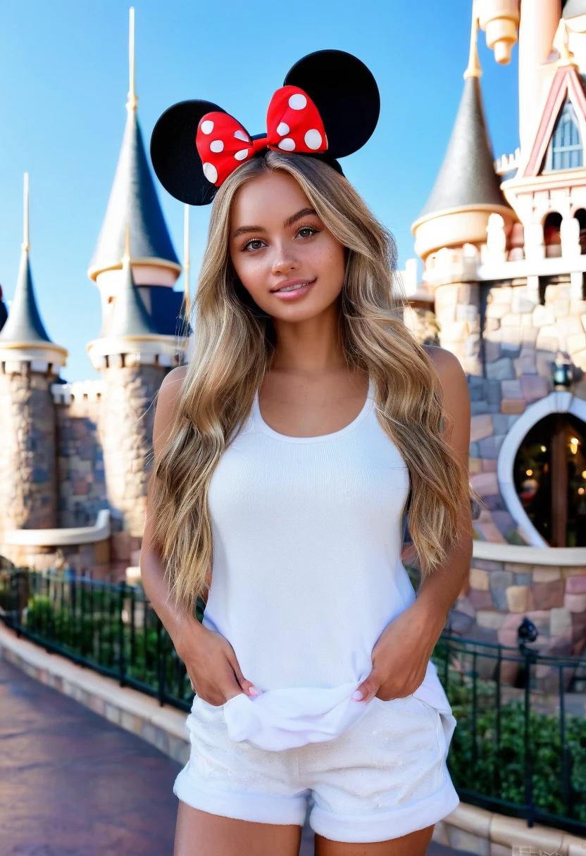 Supermodel, Brazilian, tanned, brown eyes, long dark blonde hair, beautiful , natural beauty, no makeup, model, 4K, realistic, natural, textured skin, freckles on nose, wearing Mickey ears, standing in front of castle at Disneyland, white sneakers