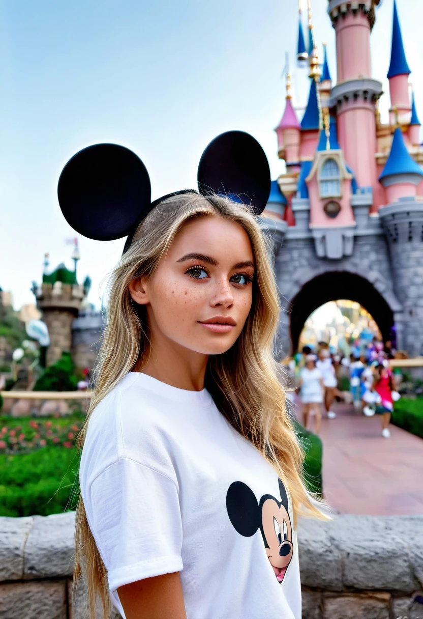 Supermodel, Brazilian, tanned, brown eyes, long dark blonde hair, beautiful , natural beauty, no makeup, model, 4K, realistic, natural, textured skin, freckles on nose, wearing Mickey ears, standing in front of castle at Disneyland, white sneakers