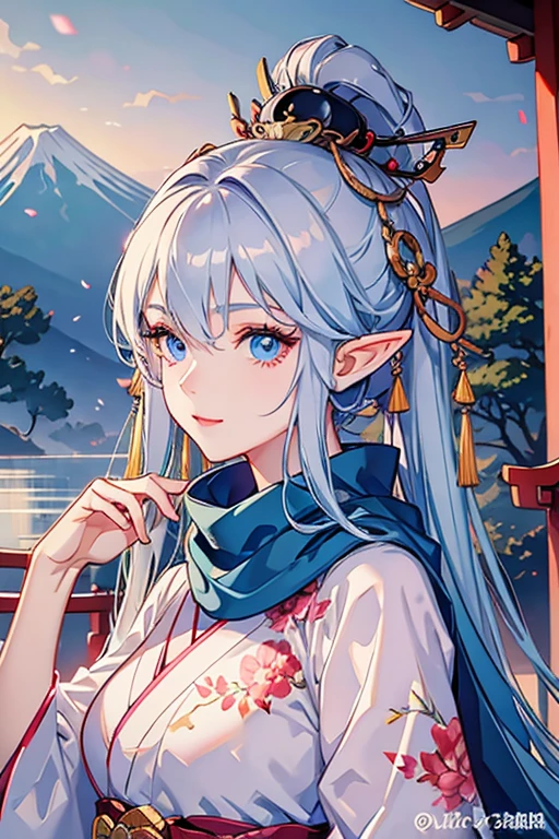 ((masterpiece )), (top quality), (best quality), ((ultra-detailed, 8k quality)), Aesthetics, Cinematic lighting, (detailed line art),
BREAK,
highly detailed of (elf), (1girl), perfect face, details eye, double pigtails hair, Blunt bangs, (hair between eye), blonde white hair, blue eyes, eyelashes, eyeshadow, pink eyeshadow, light smile, design art by Artgerm, by Kawacy, By Yoshitaka Amano,
BREAK,
(scarf), ring, kimono, Han'eri, Haori, (geta), cowboy shot, dynamic angle, looking at viewer, showing her hand out, (Winter Creek background), Japanese architecture, Mt. Fuji, first sunrise, torii, amano yoshitaka, (ink splash BACKGROUND:1.2),HEXAGON,
BREAK,
((perfect anatomy)), nice body, medium breast, extremely detailed finger, best hands, perfect face, beautiful face, beautiful eyes, perfect eyes, perfect fingers, correct anatomy,