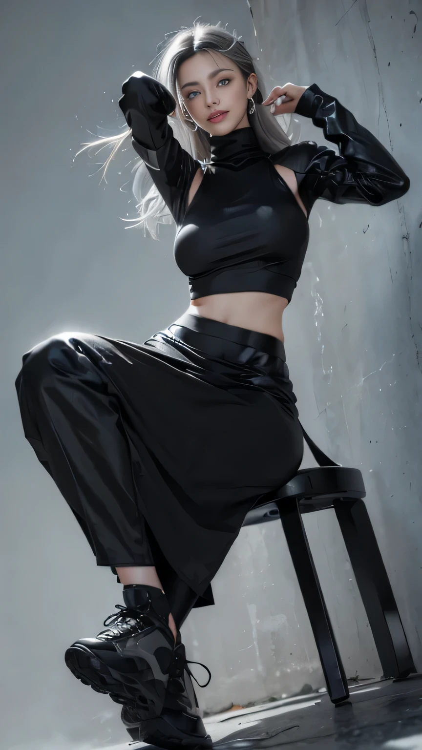(Realistic:1.2), (fashion portrait:1.6), (brand collection, fashion brand theme:1.6), (detailed, beautiful, masterpiece, best quality:1.2), _ BREAK (1girl:1.2), 22 years old, 160 cm, Japanese cute model, Tightened all body, (large Breasts:1.4), small head, small face, diamond Face, small nose, Sharp Faceline, Detailed face, Detailed eyes, young hands and fingers, beautiful hands and fingers, five fingers, _ BREAK (happy, smile, Glossy Lips:1.3), (Light color lips, Half open mouth, beautiful Teeth:1.2), (dropy eyes, Double eyelid, light color eyes, Shiny eyes:1.5), Shiny skin, _ BREAK (arranged hairstyle:1.4), (gray hair, shiny hair), _ BREAK (gray background:1.4), mist, fog, _ BREAK (wide angle, from below:1.6), (sitting, fashion model pose:1.4), focus shoes, BREAK (Cyberpunk and wool fusion:1.3), ((wear an oversized black wool turtleneck with rubberized surface) for a luxurious, futuristic, bodysuit, High legs, and warm feel:1.2), (large sleeves:1.2), (7/8 length:1.2), (simple yet cyberpunk-themed design:1.3), BREAK (black and White theme:1.3), (super Low rise pants with a black subtle reflective pattern:1.2), (super Low rise long skirt:1.4), (Thick sole technical High Sneaker with sleek metal details:1.4), (edgy and versatile:1.2),(Long drooping silver earrings:1.4),
