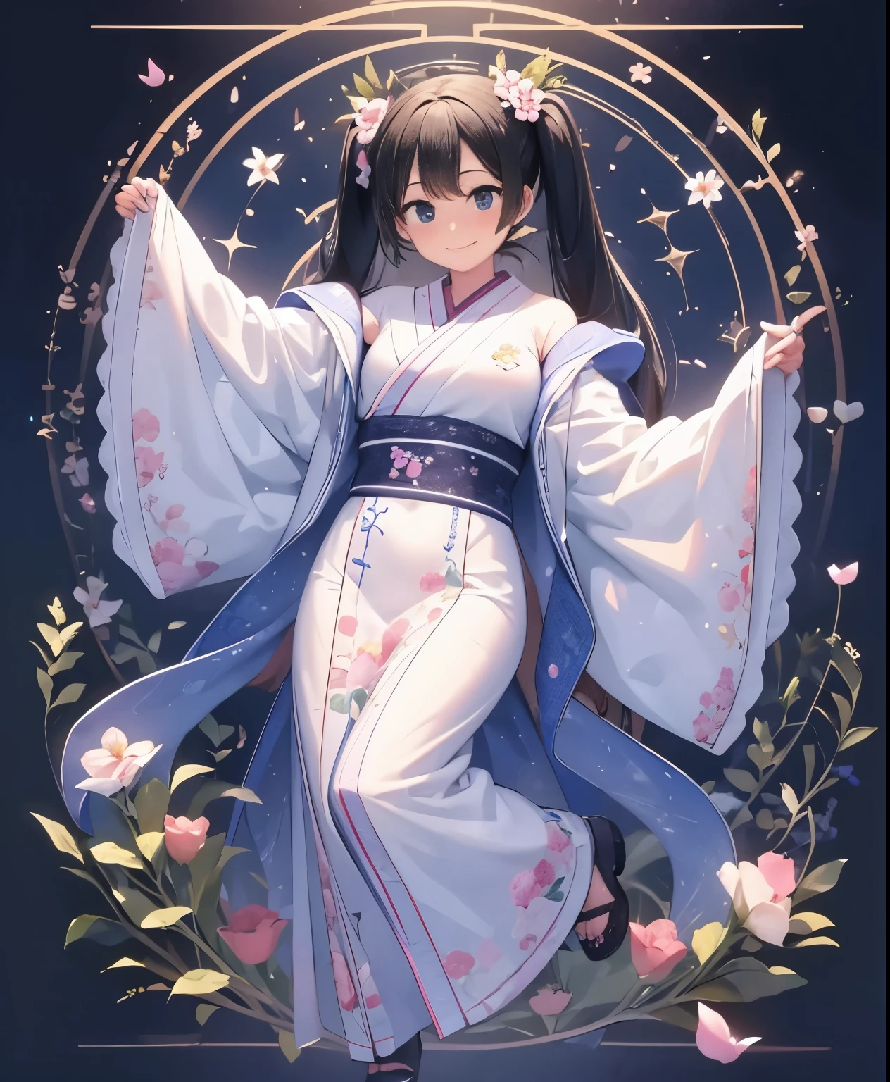 (masterpiece、highest quality、highest quality、official art、beautiful beautiful:1.2)、(1人のgirl:1.3)Hatsune Miku、twin tails,big breasts,(masterpiece:1.1), (highest quality:1.2), (Very detailed 1.2), (Maiden of Heaven:1.3), (See-through ribbon:1.0), (See-through shawl:1.0), (girl), (alone), full body, Ahoge, closed my eyes, prayer, (ピンクのtwin tails:1.3), (deformed:1.3), (chibi character:1.3), Japanese style, (flower background:1.2), archaic smile,