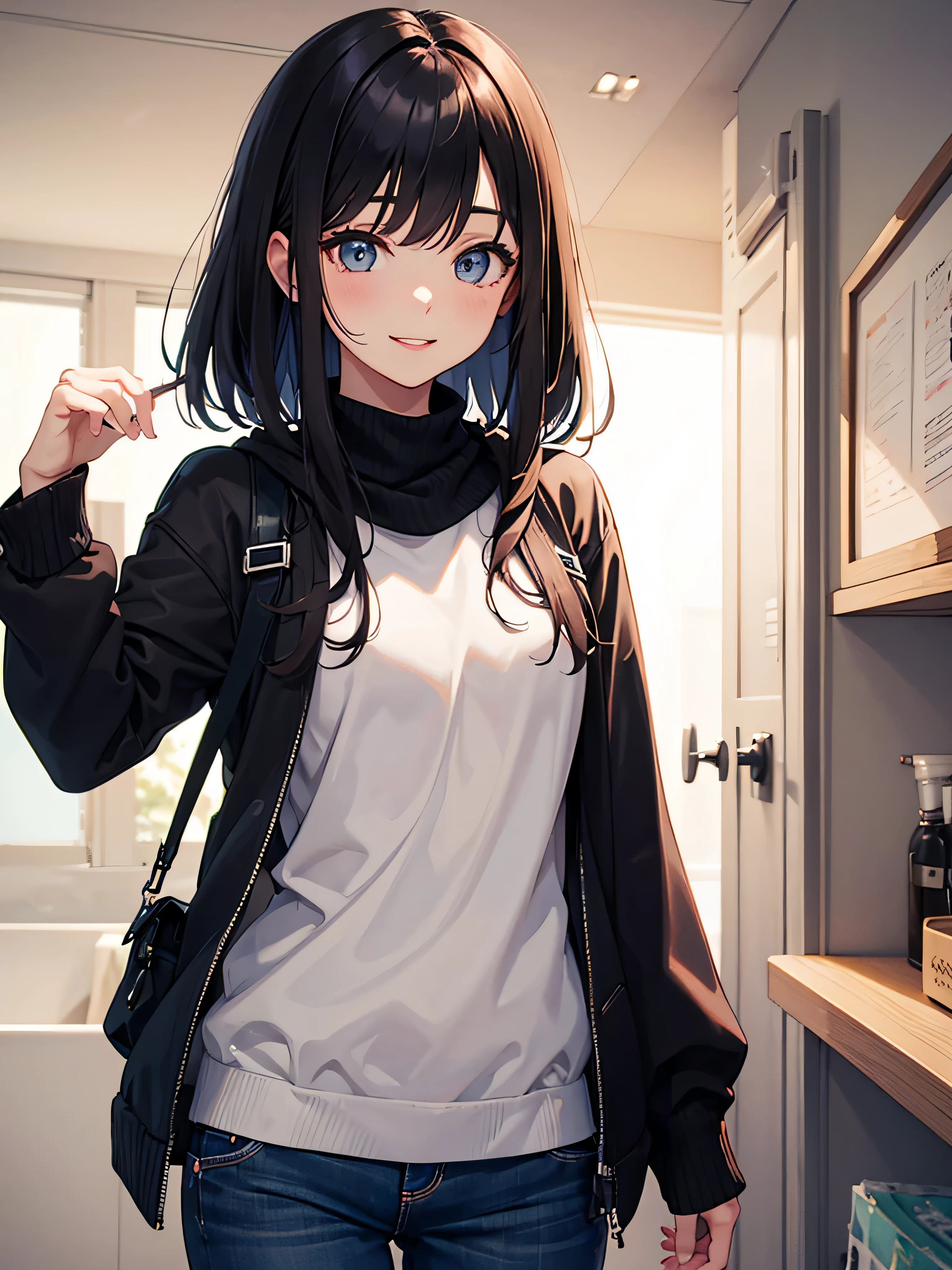 debris flies、highest quality、shape、Super detailed、small details、High resolution、8K Dende Wallpaper、perfect dynamic composition shape、fine and beautiful eyes、winter casual wear、medium hair、small breasts、natural color lip、bold sexy pose、shy smile、harajuku style、20 year old girl、cute type、sexy shot looking at camera、