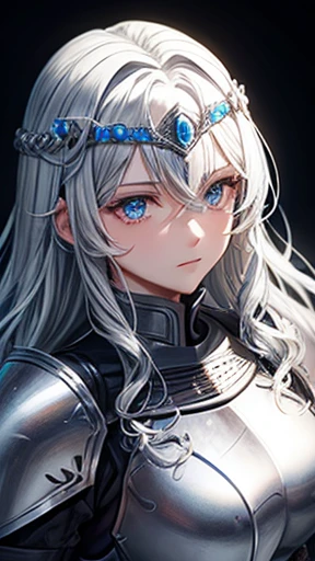 A female knight with wavy silver hair and blue eyes is wearing a large circlet.、armor、Wearing iron gloves