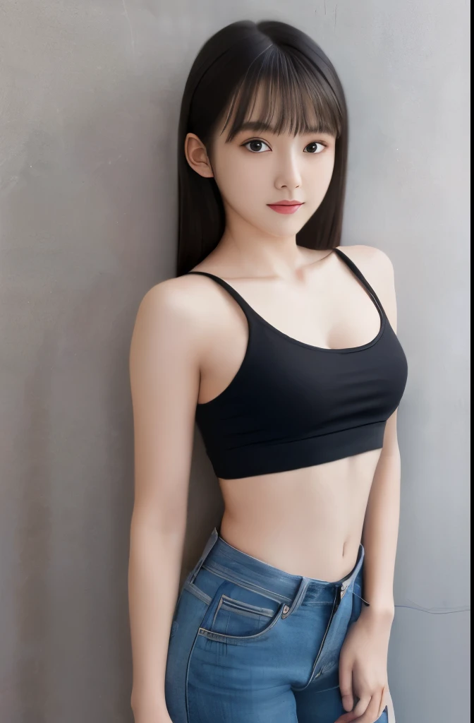 highest quality,photo quality,8K,ultra high resolution,professional lighting,(LDH),full body,18-year-old,The best beautiful actress,(:1.1),Detailed drawn face,black hair,short bangs,(Tank top:1.3),thin waist,Child'est