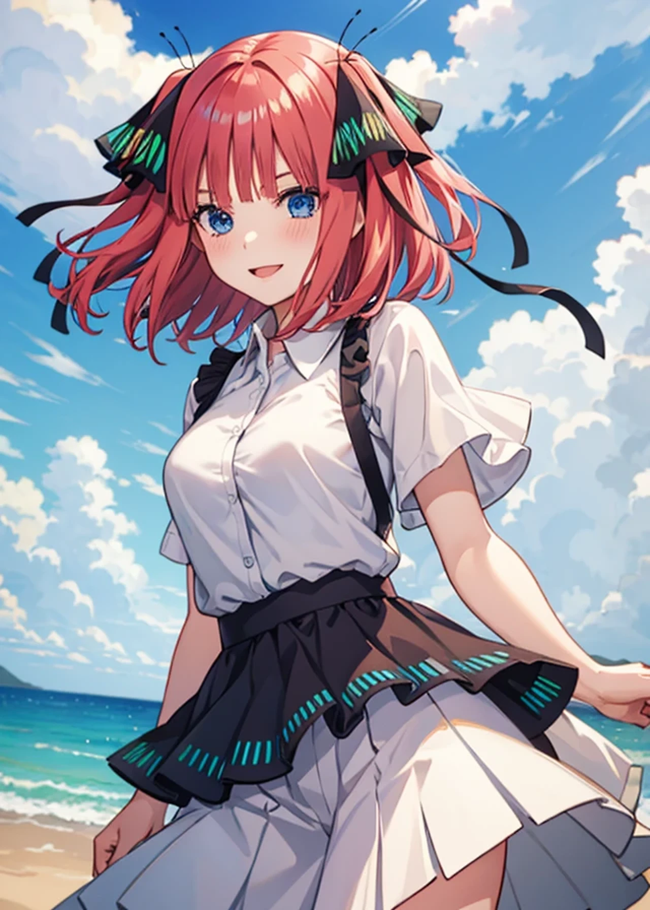 masterpiece, best quality, high quality, ultra detailed, detailed, hyper detailed, insanely detailed, 4K, 8K, highres, super fine Illustration, bokeh, colorful background, bloom, glow, powder lighting,
1girl, solo, pink hair, twintails, horse ears, pink eyes, sparkling eyes, looking at viewer, gentle smile, light atmosphere, (light particles),
sunrise, morning hour, colorful sunrise, beautifull sky,
floating hair, floating clothes, wind, cloud, white maid, white dress, bare shoulders, sunflowers, many sunflowers, palace, Castle, duch angle, lens flare, watercolor,