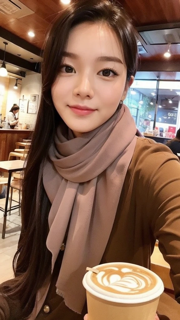 beautiful woman、scarf, Indonesia, actual, coffee shop, Hand-Pulled Noodle、Selfie、The face is cute、Wanlak Ayansi appears. fair、alone