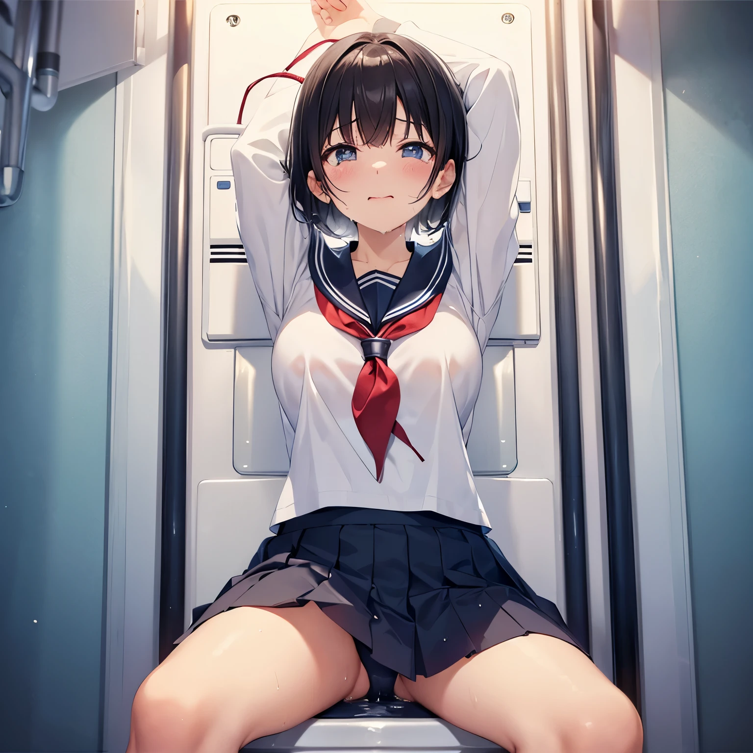 high school girl、sailor suit、pleated skirt、black hair、short hair、Are crying、ecstasy face、mouth open、Water is flowing from the mouth、sweating all over、lots of sweat、Stay in the bathroom、sitting on the toilet、Body is restrained