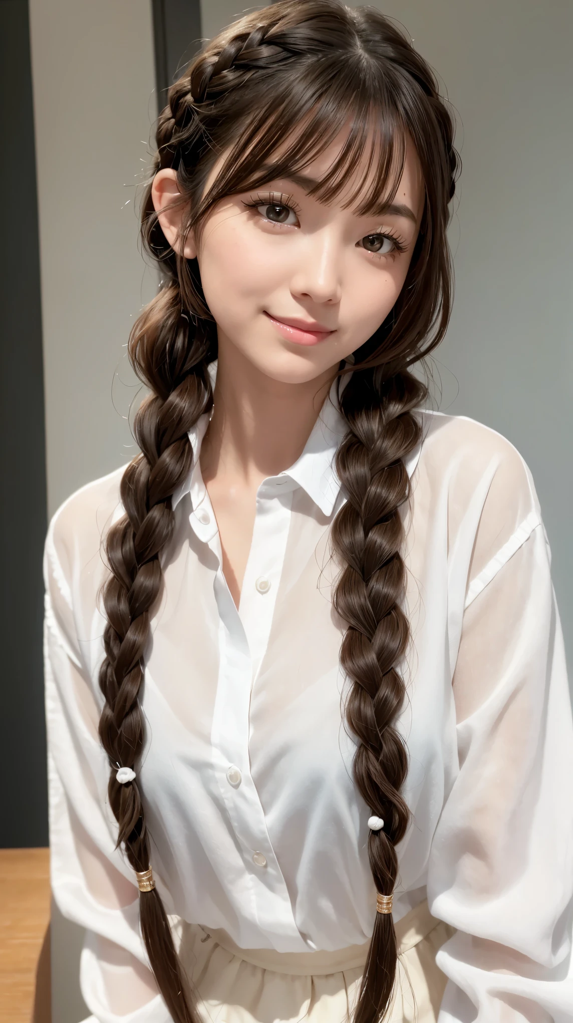 realistic, masterpiece, highest quality, highest resolution, one japanese woman, happy smile, detailed and beautiful eyes, black eye, thin eyebrows, Gives your eyelashes a delicate finish, false eyelashes, natural makeup, (braid hair, dull bangs, brown hair:1.2), detailed face, She is looking slightly to the side, but、Always watching the audience, A simple white button-down shirt, upper body photo, Portrait background