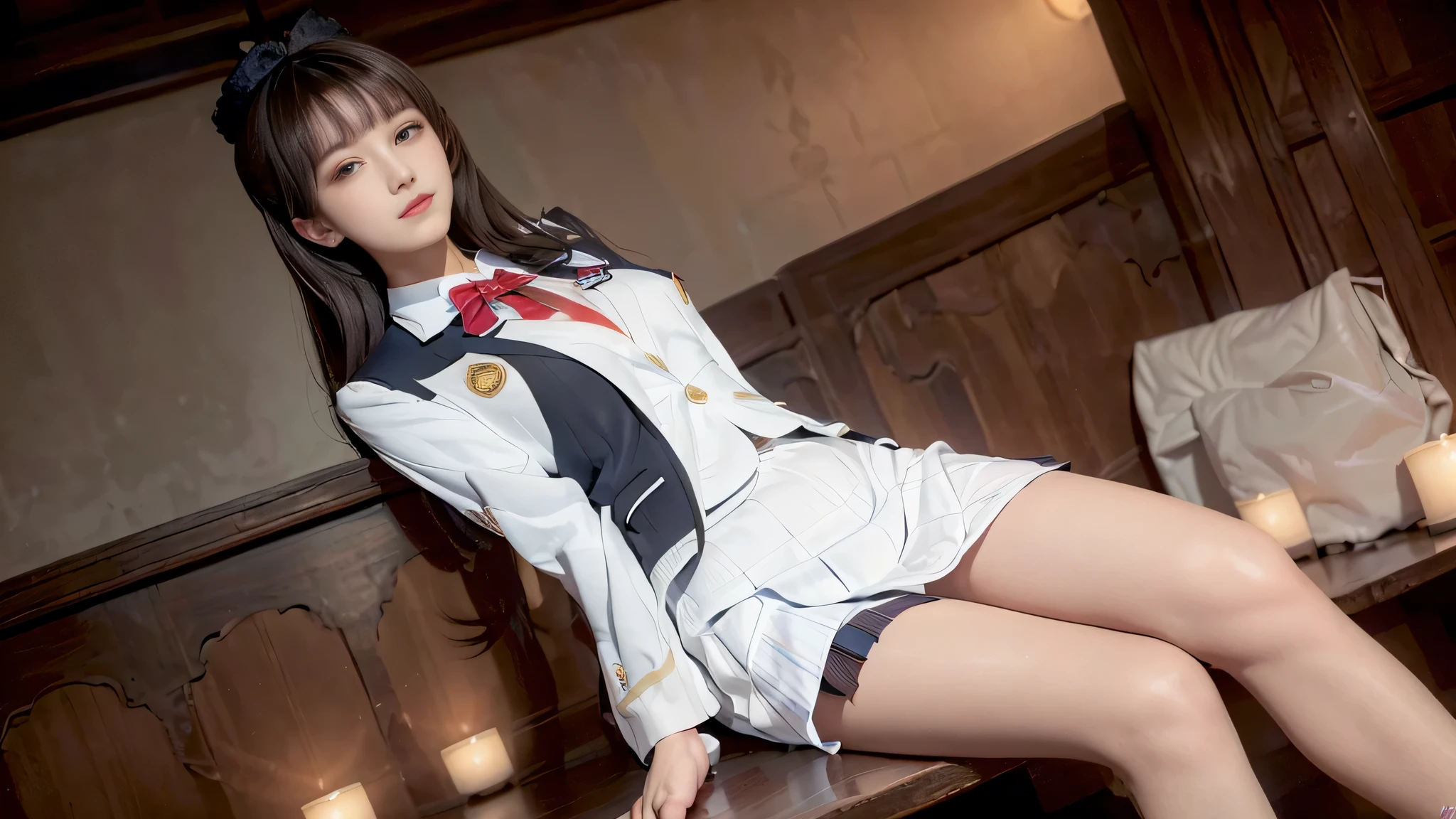 (Super realistic)、(enlightenment)、(High resolution)、(8K)、(very detailed)、(best illustrations)、(beautiful detailed eyes)、(highest quality)、(super detailed)、(masterpiece)、(wallpaper)、(detailed face)、solo、1 girl、looking at the viewer、Detailed、detailed face、in the dark night、deep shadow、low key、Pure erotic face ace_V1、laughter、length、black shawl straight hair、46 point diagonal bangs,female student、((Chest patch of white blazer of school uniform))、translucent white blouse、(red bow tie)、((bright colored mini skirt,check stripe)()、laughter,, realistic,(Lie:1.3)
