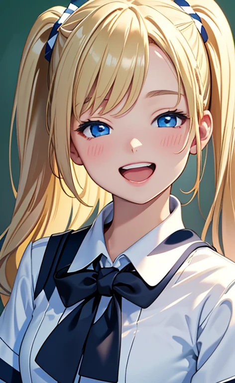 (​masterpiece、top-quality、8k size wallpaper、offcial art)、(portrait,upper body:1.6)、(1girl),(very loud laugh,Open mouth:1.3),(half closed eyes),cute face,blue eyes、(short twintails)、
,(stand),(Shining smile),(Shining brightly),
,(slender),(school uniform),(long fluorescence blonde hair1.3), (small breasts)、
、fluorescence、classroom,JK、