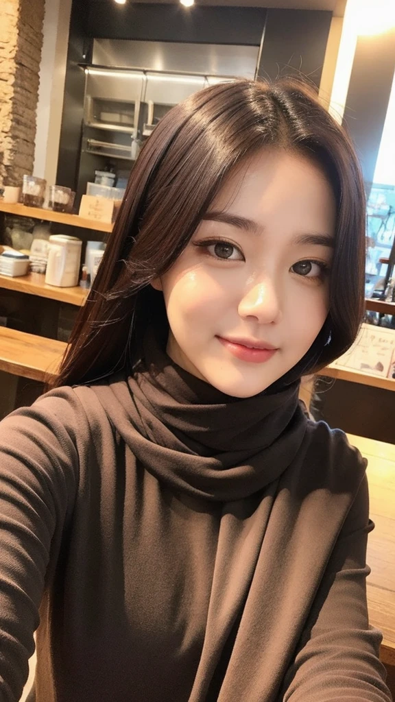 beautiful woman、scarf, Indonesia, actual,  coffee shop, Hand-Pulled Noodle、Selfie、The face is cute、Wanlak Ayansi appears. fair、alone